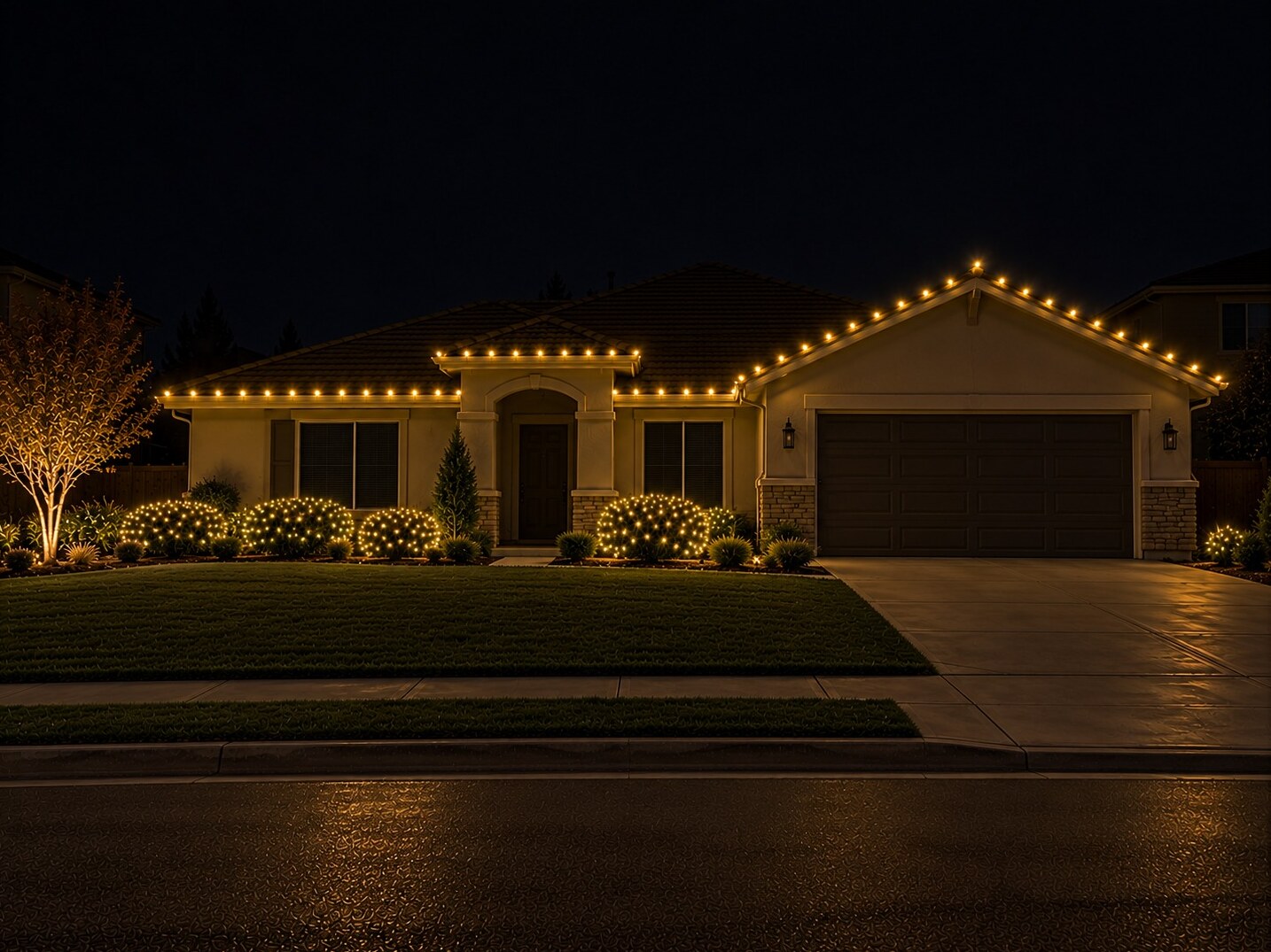 Residential christmas lights in El Dorado Hills, CA: stucco ranch c9 roofline dark windows warm white