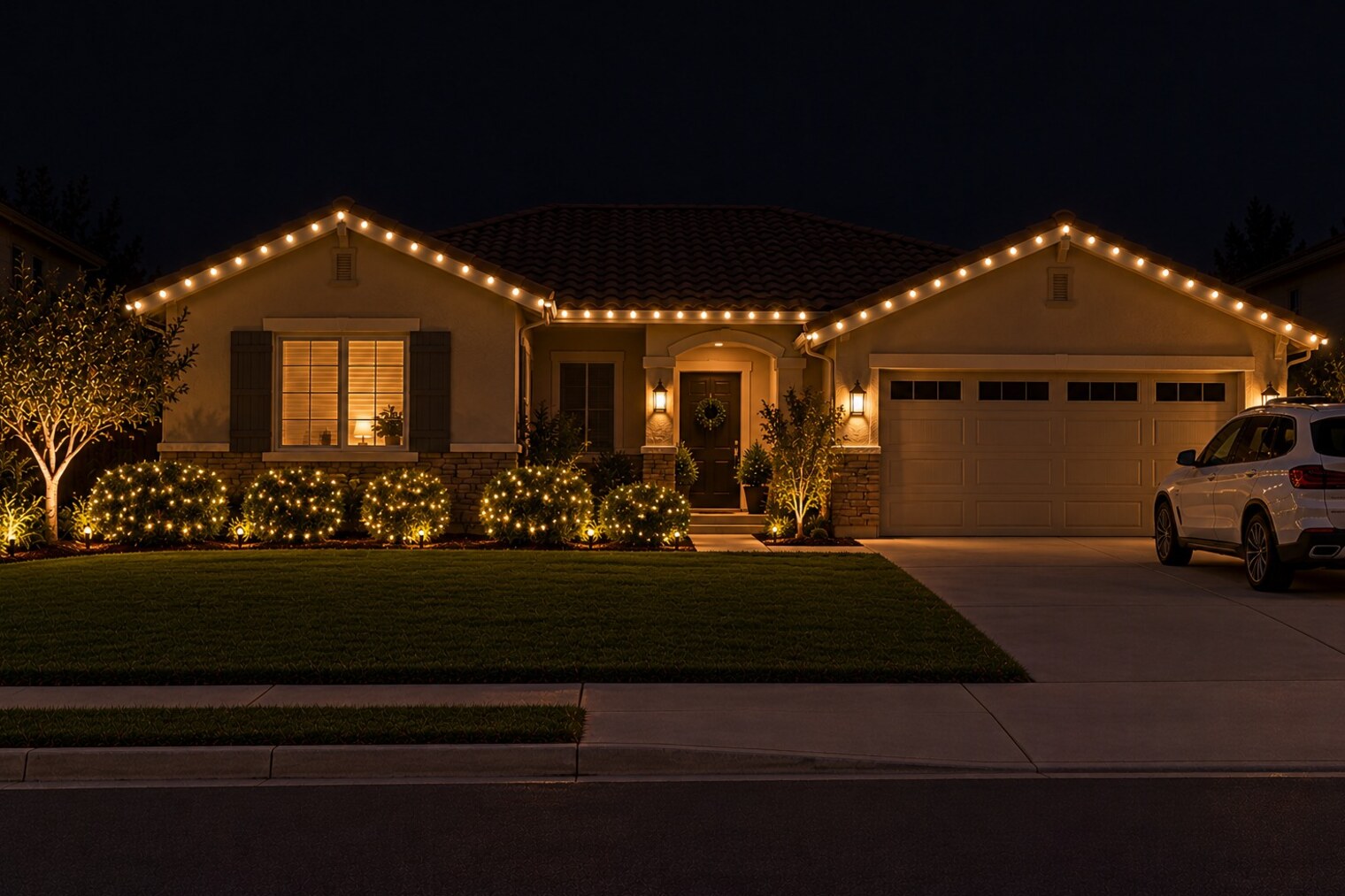 Residential christmas lights in El Dorado Hills, CA: tract single warm white bushes
